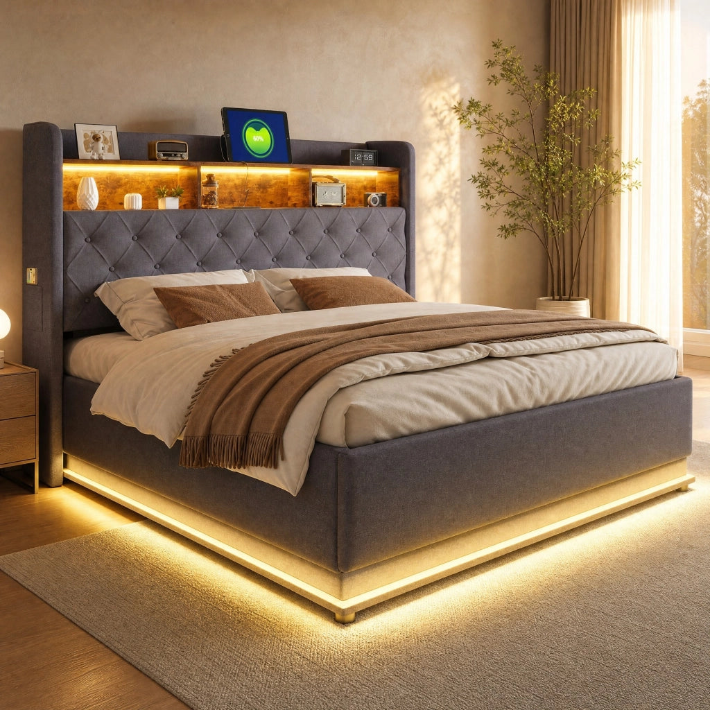 LETTO imbottito LED 180x200 cm grigio con USB e contenitore idraulico