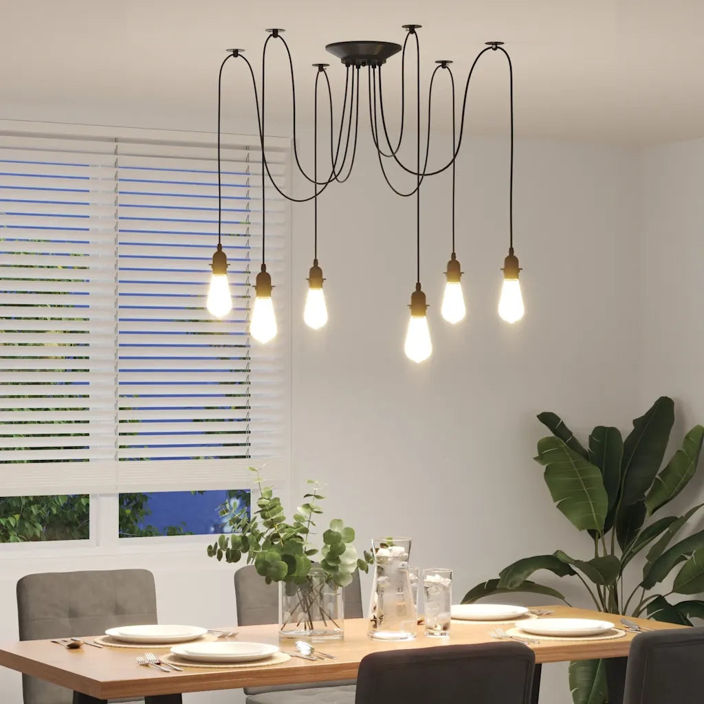 Lampada a Sospensione con 6 Portalampada E27 in Metallo Nero 4103455