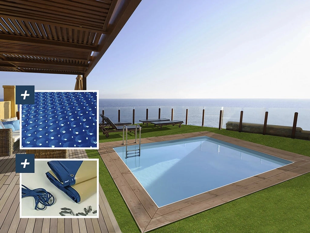 Piscina rettangolare in legno "Zanzibar" - 3,50 x 2,30 x 1,24 m - Copertura a bolle d'aria 180 µ - Copertura invernale 280 g/m²