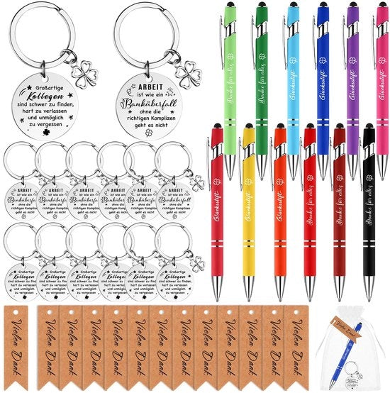 Set di 12 penne colorate per ringraziare i colleghi, regalo di addio per i dipendenti, penne a sfera con chiusura a chiave e anello da chiave, piccoli regali per i colleghi e i membri del team in caso di cambio di lavoro e pensione