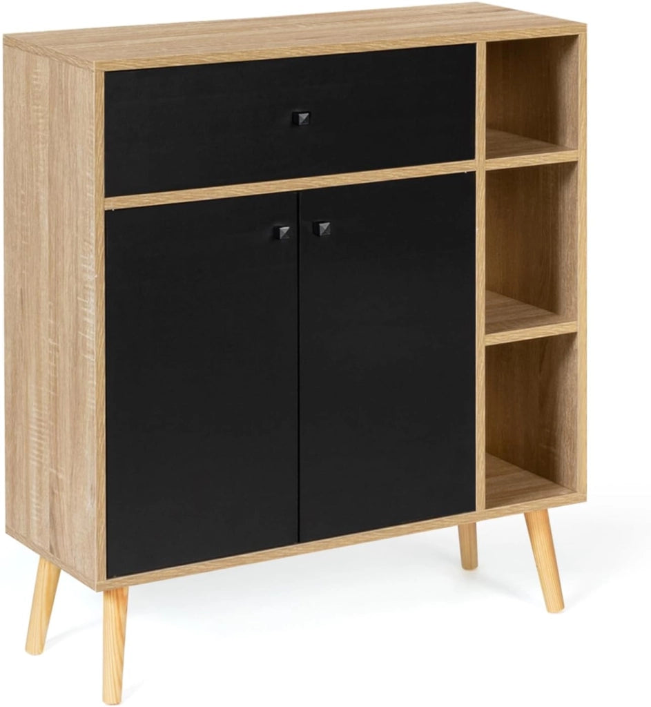 Libreria scandinavo in legno e nero con armadio e cassetto EMMIE