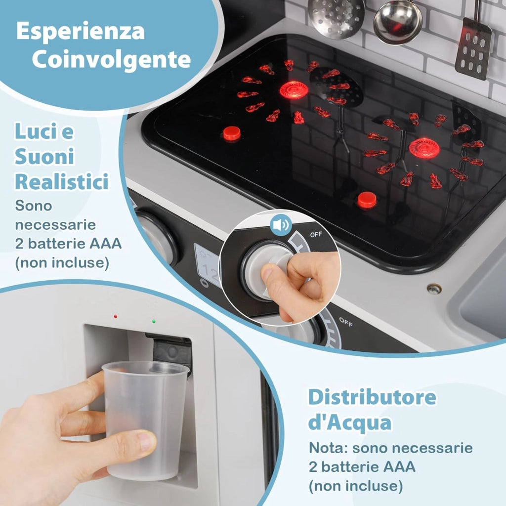 Cucina Giocattolo per Bambini, Cucina Legno per Bambini con Forno, Microonde, Lavatrice, Telefono, Lavello Rimovibile e Rubinetto Rotante, con Luci e Suoni, per Bambini di 3+ Anni (Nero)