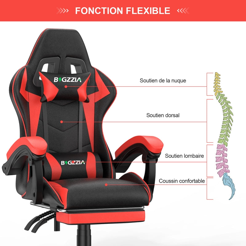 Sedia da gioco, sedia da gioco ergonomica  in similpelle,altezza regolabile, con poggiatesta e supporto lombare, poggiapiedi, nero e rosso