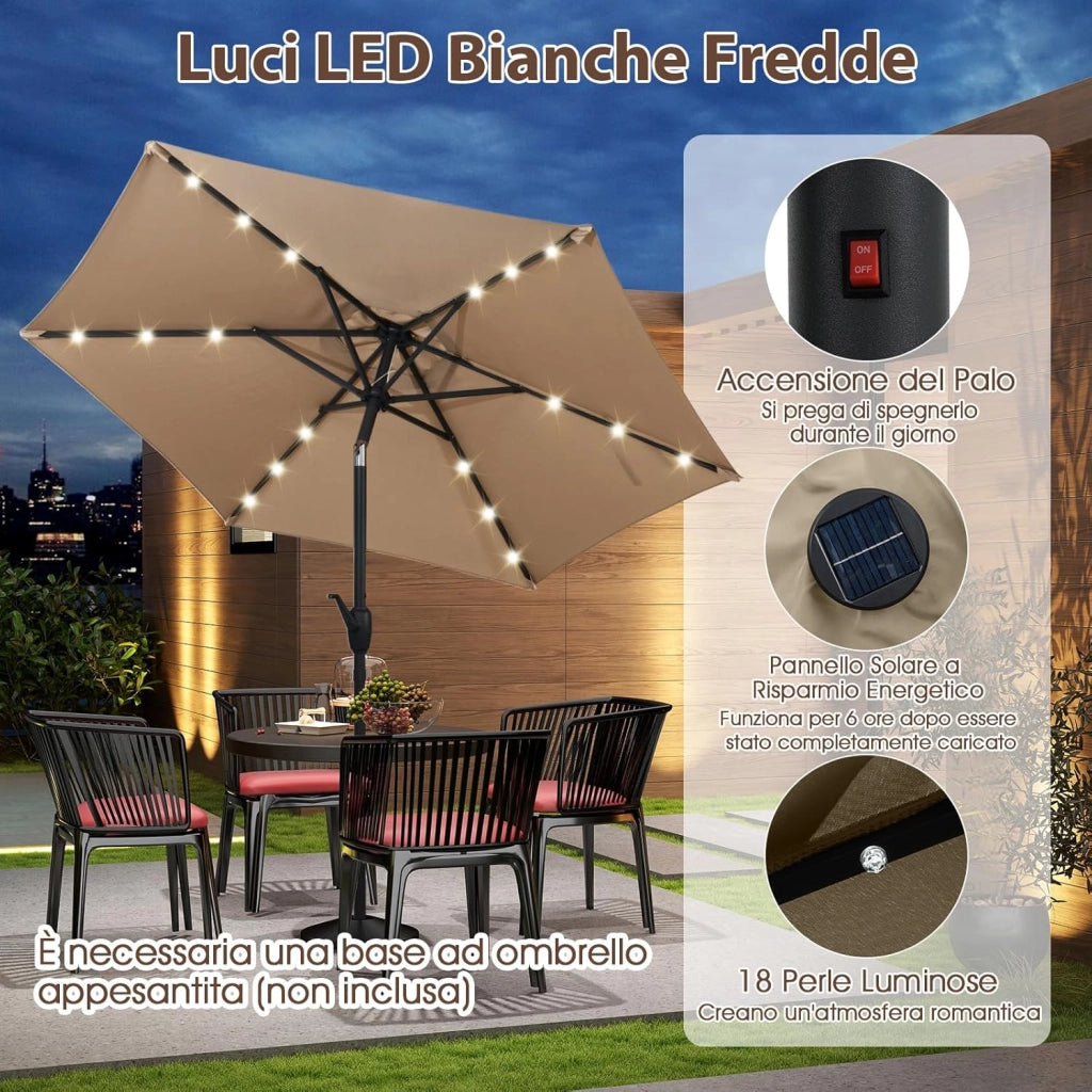 Ombrellone da Giardino 230 cm, Ombrello per Esterni con inclinazione Regolabile, 18 Luci LED, Manovella e Tettuccio Ventilato, Ombrello per Giardino, Cortile, Piscina (Beige)