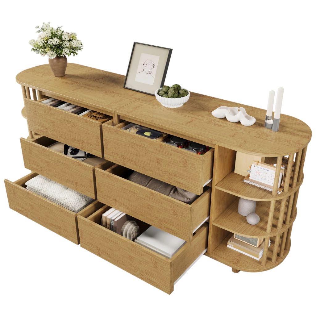 OKWISH Credenza Retrò con 6 Cassetti e Ripiani Aperti, Piedini Regolabili, per Soggiorno, MDF e Bambù, Rovere, 160 x 40 x 75 cm