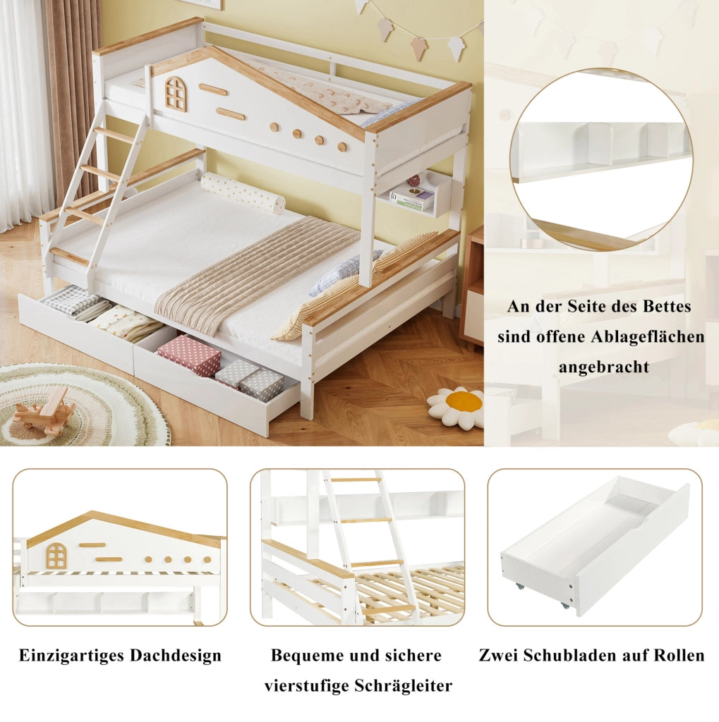 Letto a castello per bambini 90x200 e 140x200 cm con cassetti; scaffale aperto; legno e MDF bianco e naturale