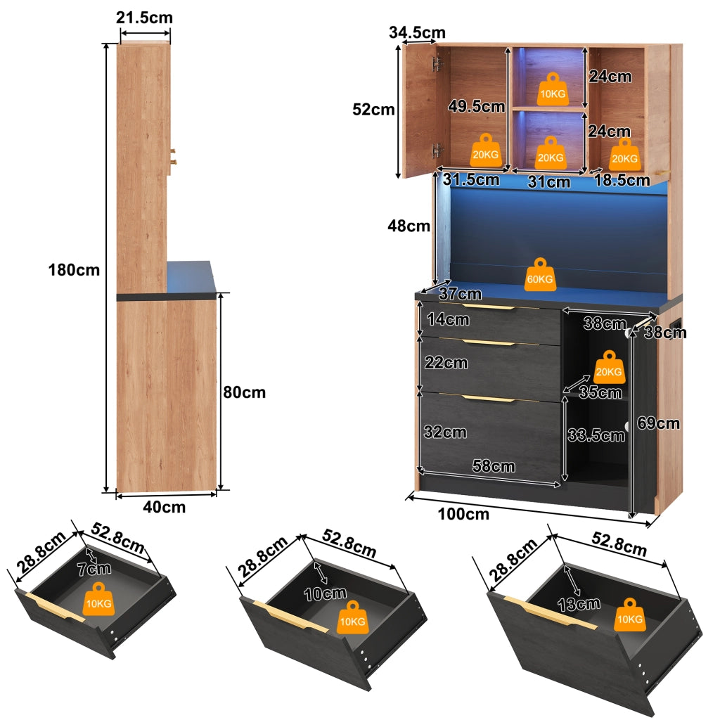 Colonna da cucina con 3 cassetti; LED e presa USB - in MDF - 100×40×180 cm - neutro