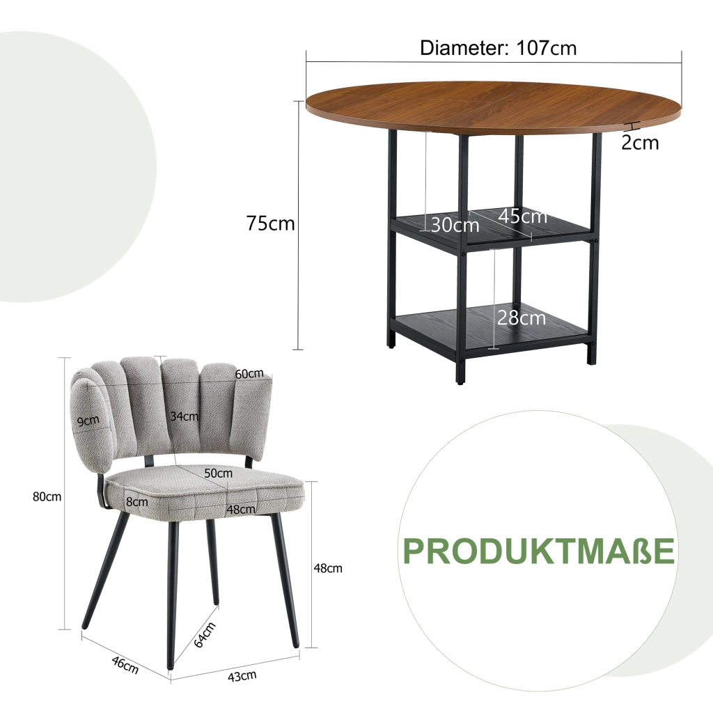 Set tavolo da pranzo e sedie con 1 tavolo rotondo e 4 sedie; 2 ripiani; in tessuto; MDF e metallo grigio noce e nero