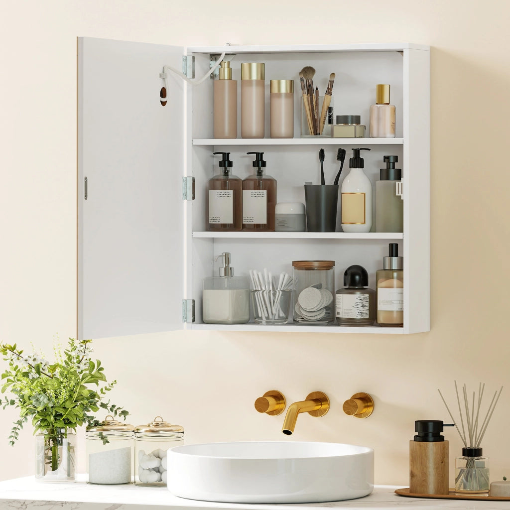 Armadietto Bagno con Specchio 50x15x60 cm Luce LED Regolabile e Sistema Antiappannamento in MDF Bianco