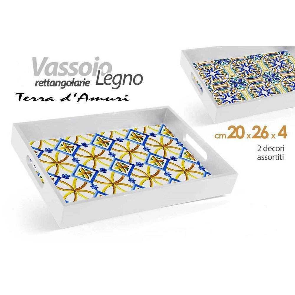 Trade Shop - Vassoio Portata Rettangolare Legno 20x26x4cm Con Manici 2 Decori Mosaico 822124 -