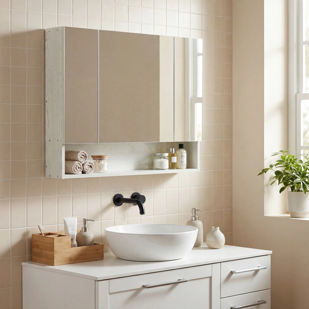 Armadio Bagno con Specchio 3 Ante e Ripiano Regolabile ¨C zephmum ¨C Bianco 90x15x75 cm