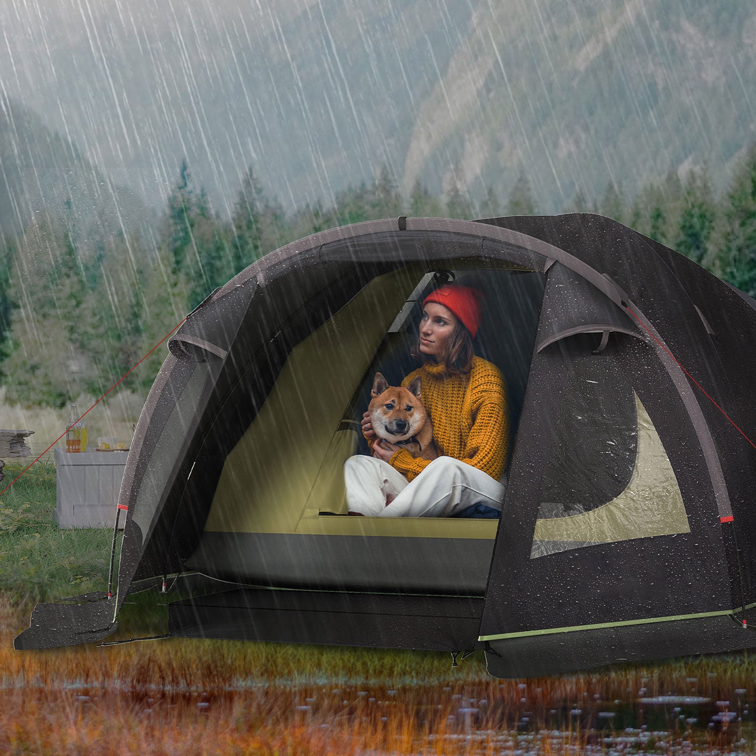 Tenda a Tunnel Impermeabile 330x190x120 cm per 2-4 Persone con Finestre Laterali e Gancio Nero