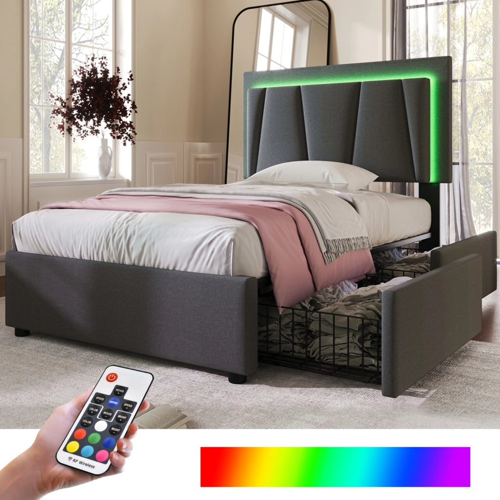 LETTO Singolo 90x200 cm Grigio con LED e 2 cassetti, testiera regolabile