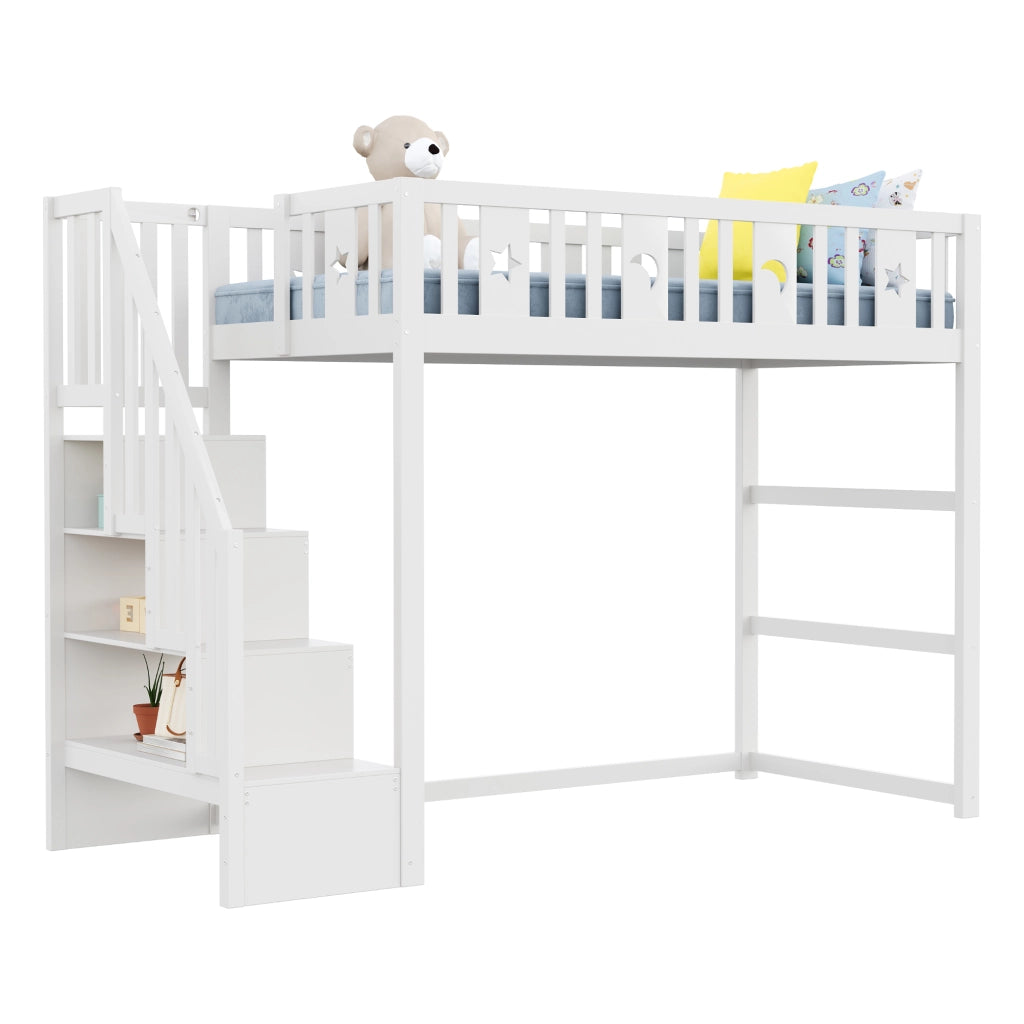 OKWISH Letto a Soppalco 90×200 cm, Letto Singolo con Scala, Mensole e Sponda, senza Materasso, in Legno Massello, Bianco