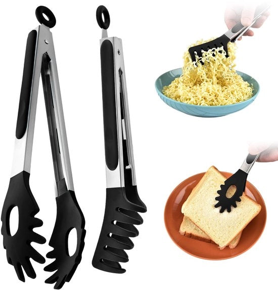 Spaghetti Tang in Silicone e Acciaio Inossidabile - Resistente al Calore - Nero - Per Cottura e Frittura
