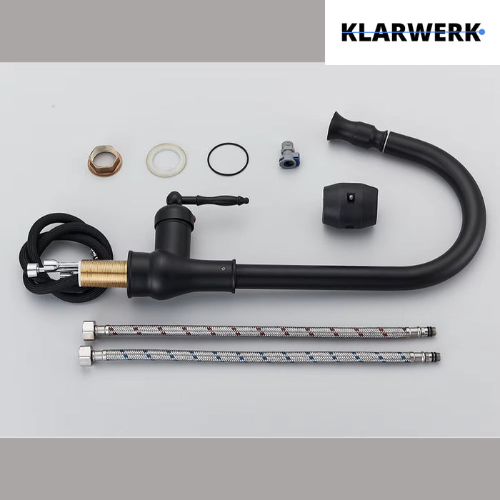 JANA | Rubinetto da cucina estraibile vintage in acciaio inossidabile nero antico | miscelatore arco alto |alta pressione ruotabile a 360° 2 attacchi