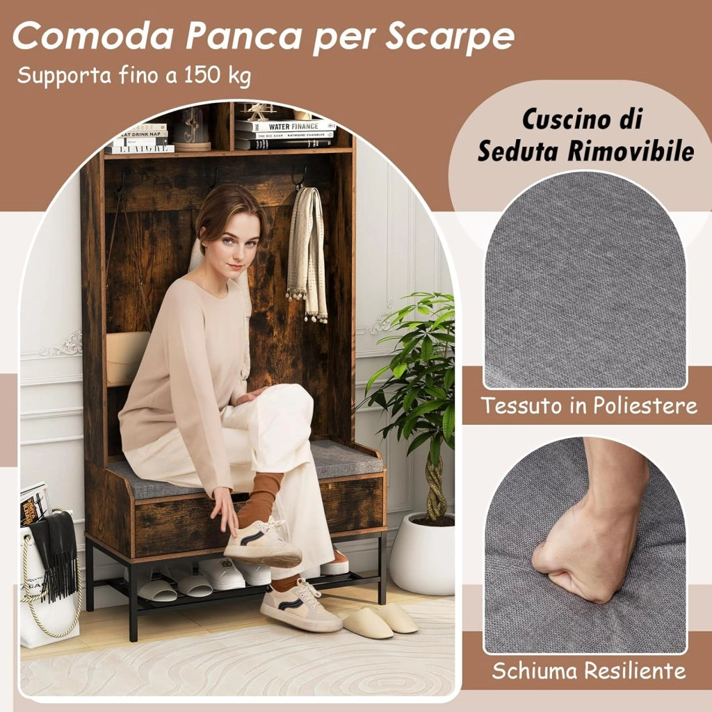 4 in 1 Appendiabiti da Ingresso, Armadio con Appendiabiti Multifunzionale, con Panca Cuscino e Ganci, Panchina per Ingresso, 90 x 38,5 x 170 cm (Marrone)