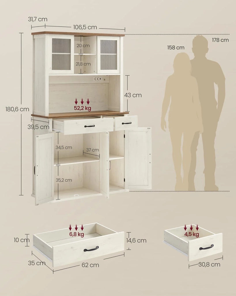 Mobile contenitore con luci e caricabatterie mobile da cucina con ante e cassetti 395 x 1065 x 1806 cm ripiani regolabili stile country beige 12_0006412
