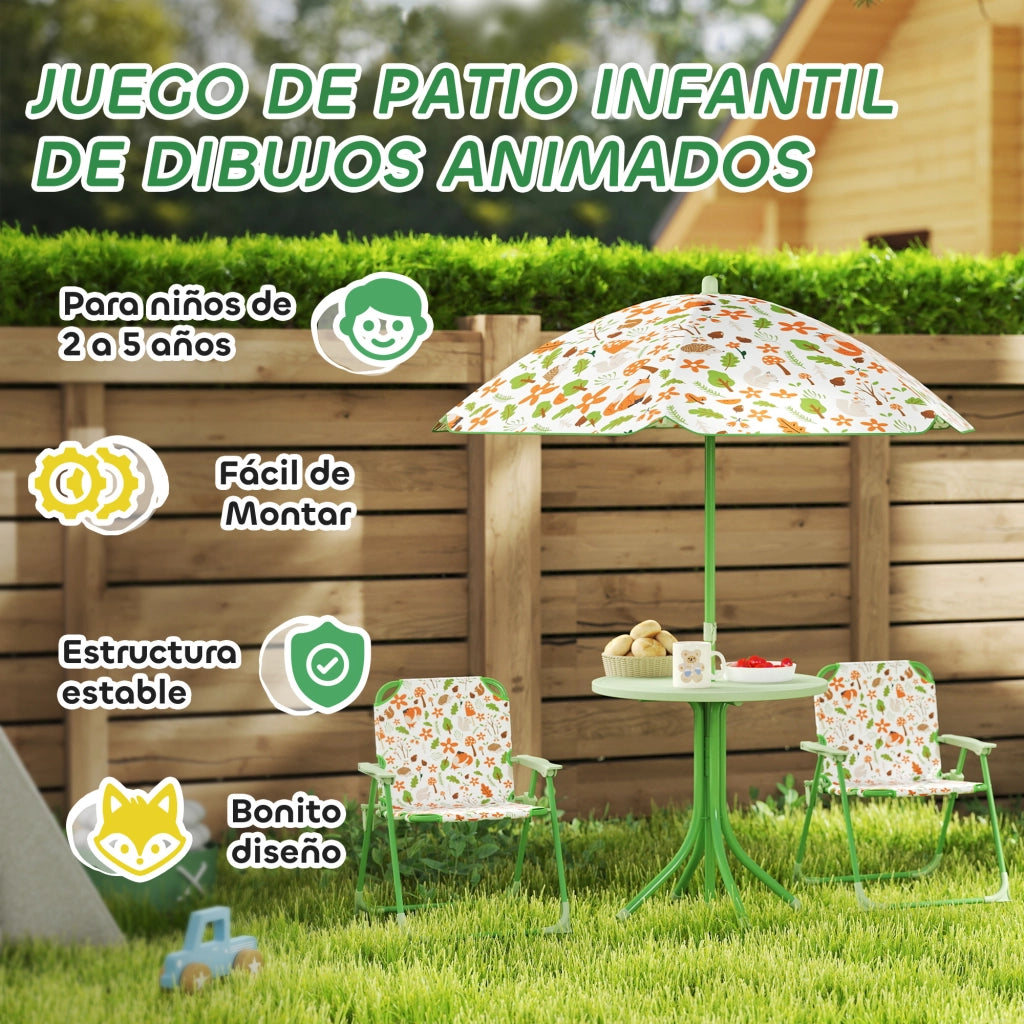 Set Giardino Pieghevole Bambini con 2 Sedie Tavolo e Ombrellone Aggiustabile ¨C zephmum ¨C Verde