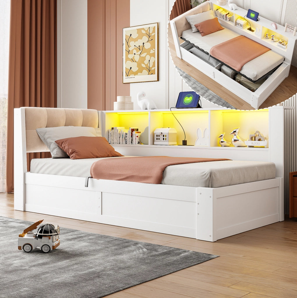 Letto singolo 90x200 cm con contenitore laterale, LED e USB