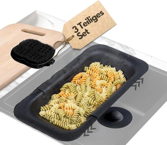 Set di vasche per la cottura, 3 pezzi, estensibili per ogni lavello per l'asciugatura di pasta, verdure, frutta o piatti con vasca per l'acqua e spugna in silicone