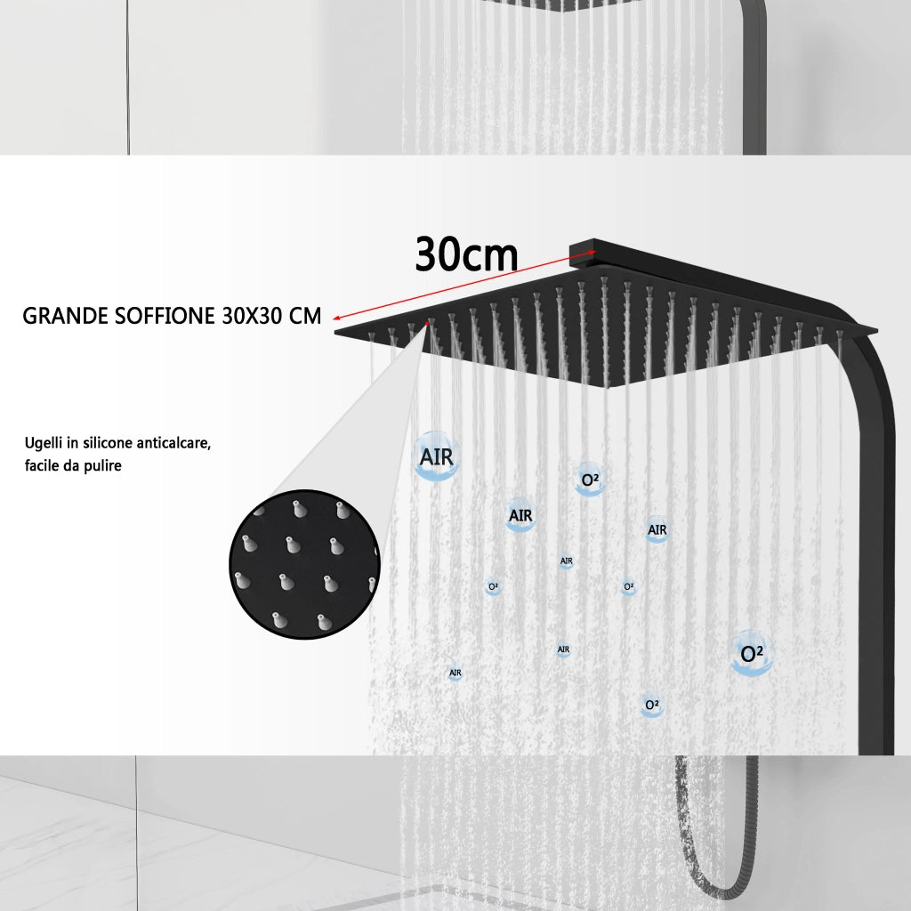 AICA ITALY Sistema Doccia con Miscelatore Termostatico a 38℃ e Soffione Quadrato 30x30cm Altezza Regolabile 73-115cm nero