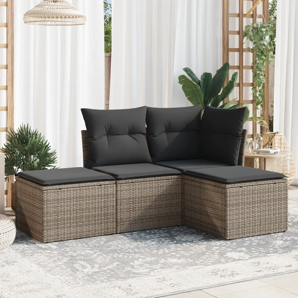 Set Divani da Giardino 4 pz | Set Salotto da Giardino con Cuscini in Polyrattan Grigio