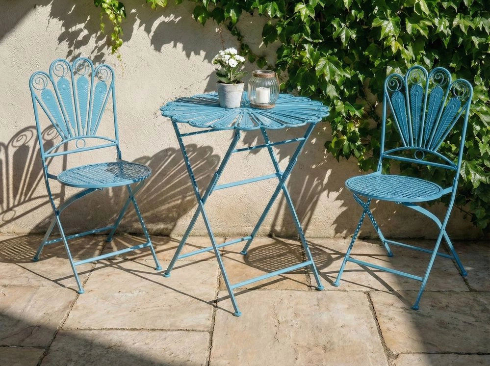 Tavolo da bistrot da esterno in metallo blu verniciato a polvere effetto invecchiato