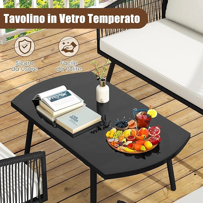 Set di 4 Pezzi in Corda PE da Giardino, Set Bistrò con Divano, Tavolino in Vetro Temperato, 2 Poltrone e Cuscini, Mobili da Giardino da Esterno per Cortile e Piscina