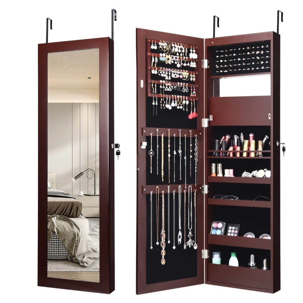 Armadio per gioielli con specchio LED 119cm di altezza, Armadio per gioielli montabile a parete o porta Marrone-Armadietti per gioielli