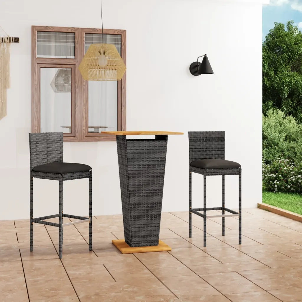 Set Bar da Giardino 3 pz con Cuscini in Polyrattan Grigio