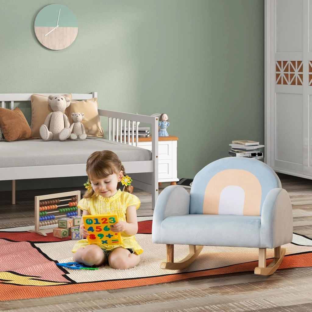 Sedia a Dondolo per Bambini in Legno, Poltrona Imbottita per Bambini con Rivestimento in Velluto Morbido, Design Antiribaltamento, per Camera da Letto, Soggiorno