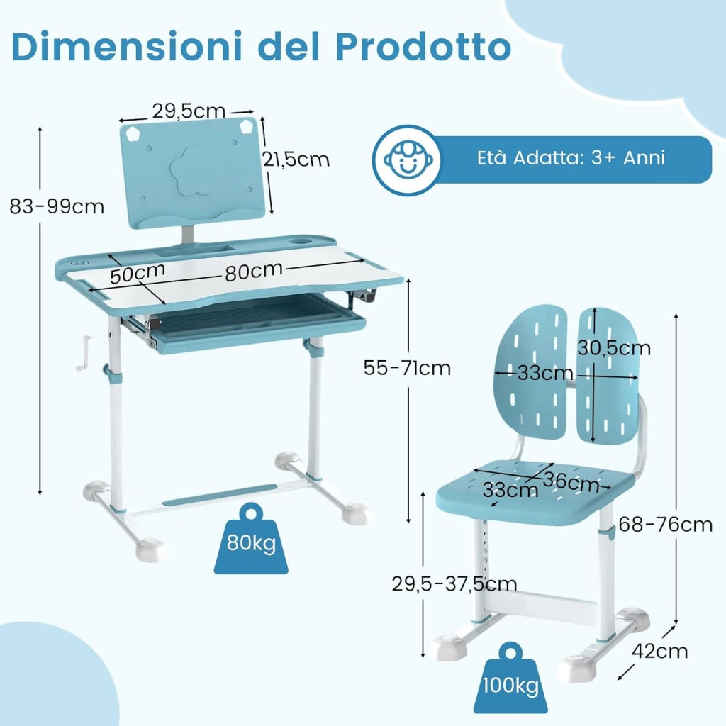Set di Scrivania e Sedia per Bambini con Altezza Regolabile, Blu | Banco Scuola con Piano Inclinabile, Supporto per Libri, Barra Poggiapiedi e Sedia Ergonomica per Scuola, Ufficio e Cameretta