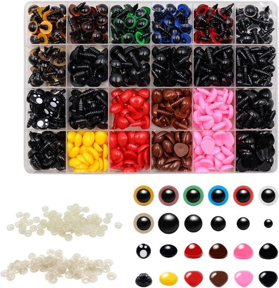 Occhi di sicurezza per giocattoli intrecciati - 1040 pezzi di diverse misure 6-14 mm con punte - occhi di plastica per bambole amigurumi orsetti con scatola