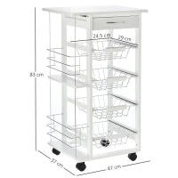 Carrello da Cucina Salvaspazio in Legno Bianco, Portavivande con 1 Piano di Lavoro 1 Cassetto e 4 Cestelli Metallici, 47x37x83cm