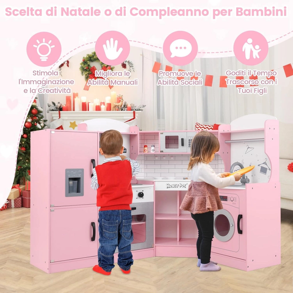 Set Gioco da Cucina per Bambini d'Angolo, Cucina Giocattolo in Legno con Macchina di Ghiaccio, Microonde, Lavatrice e Accessori, con Suoni e Luci, per Bambini 3-10 Anni (Rosa)