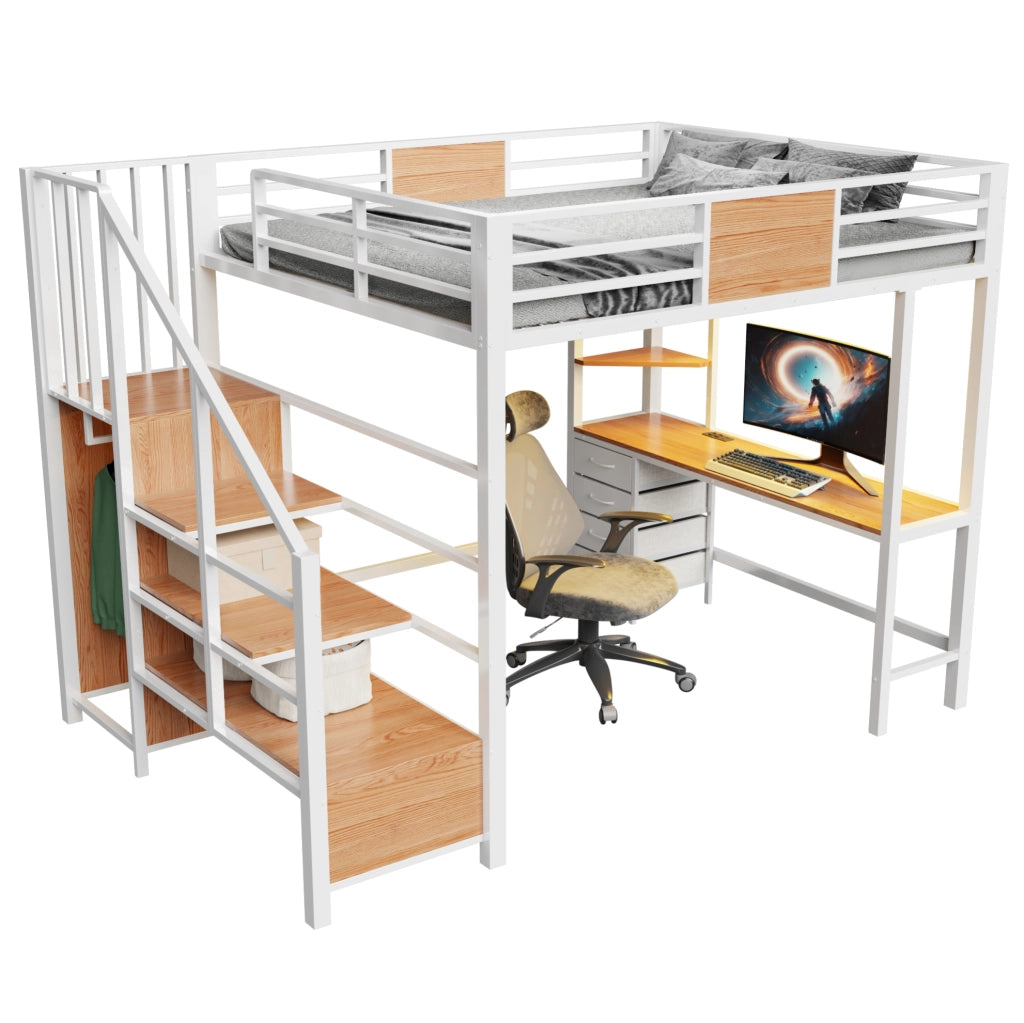 Letto a soppalco 140x200 con scrivania, ripiani, barra appendiabiti e LED