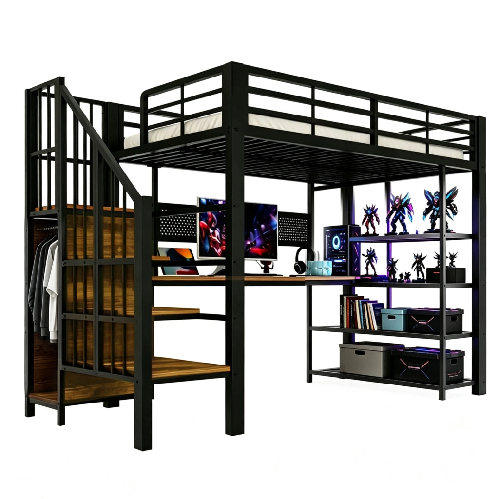 Letto a soppalco multifunzione 90x200 cm in metallo e legno, con scala contenitore, LED, prese e mensole, nero