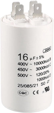 Condensatore 16uF 450V AC - doppia inserzione - 50/60Hz - cilindro 75x37mm - bianco - per motore - pompa idraulica - compressore d'aria