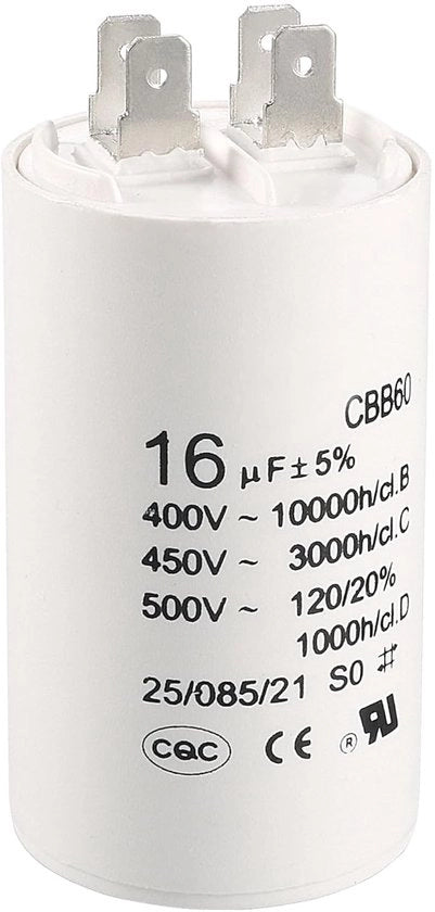Condensatore 16uF 450V AC - doppia inserzione - 50/60Hz - cilindro 75x37mm - bianco - per motore - pompa idraulica - compressore d'aria