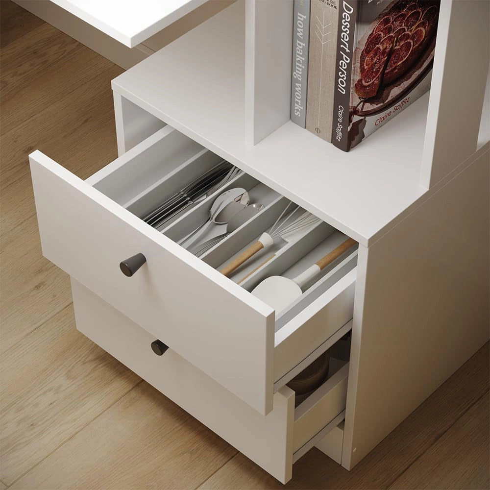 Tavolo da pranzo Denton, Bianco, 136 x 55 cm con 2 cassetti, con vani aperti per una conservazione flessibile