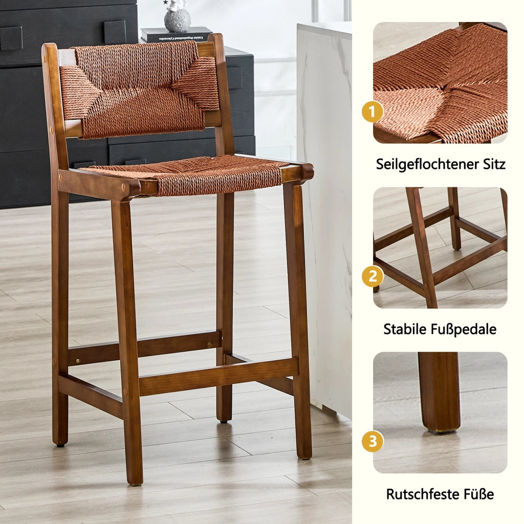 Sgabello da bar set di 2 in legno massiccio con schienale curvo e seduta in corda intrecciata per cucina noce
