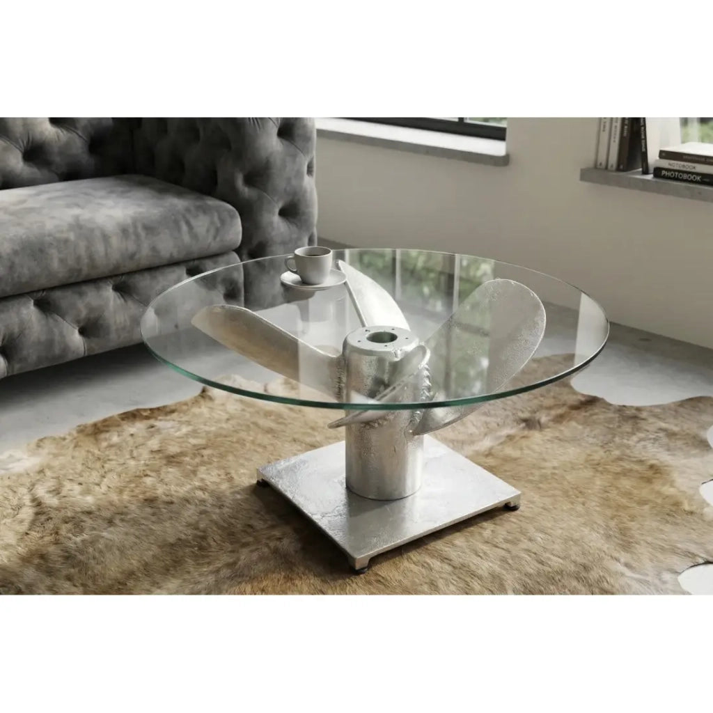 Tavolino basso ALUMIA rotondo 70 cm in alluminio argentato e vetro temperato – design industriale con piede a elica