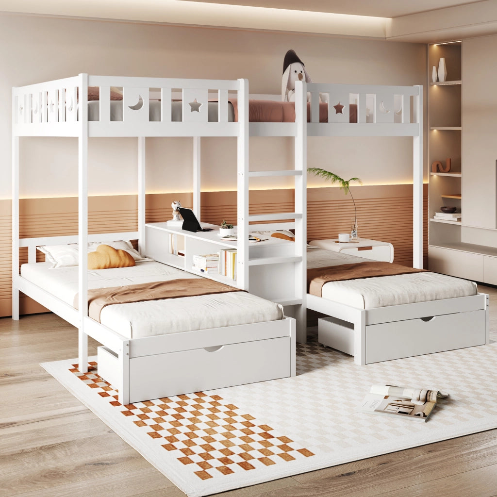 Letto a Soppalco con Scala, Cassetti e Contenitore ¨C MINIMAL ¨C Massello Bianco 90x200 / 140x200
