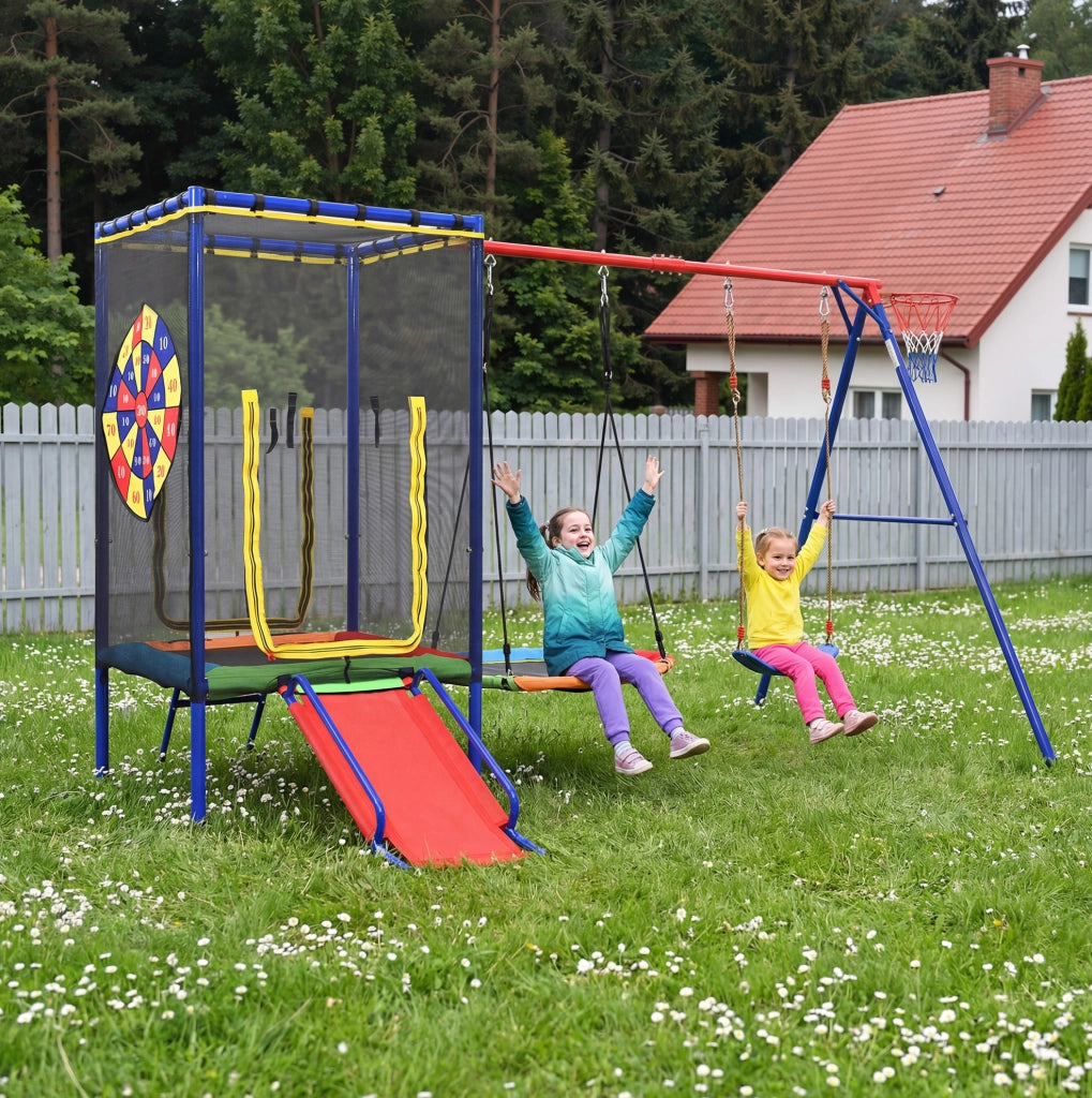 Combinazione gioco da esterno 5 in 1 con trampolino; scivolo; altalene e canestro; multicolore