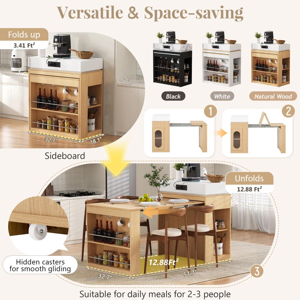 Carrello da Cucina con 1 Cassetto; Ripiani Regolabili; Piano Pieghevole e Prese; in MDF e Vetro; 83x46x96 cm; Naturale
