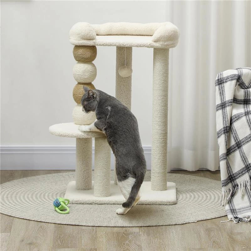TORRE PER GATTI CON LETTINO PIATTAFORMA E PALLINA GIOCATTOLO IN LEGNO PELUCHE E IUTA 48.5X40X76 CM BEIGE