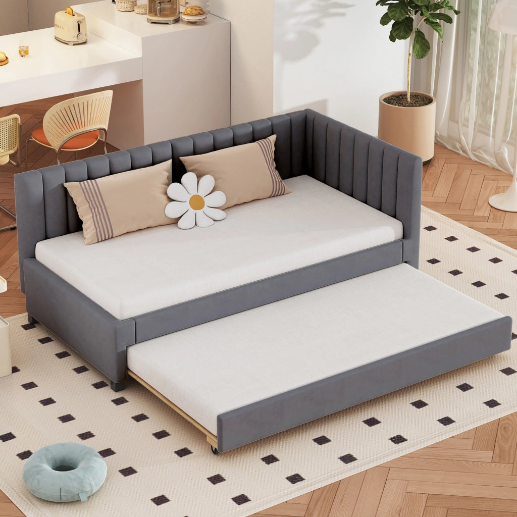 OKWISH Letto a Divano 90×200 cm, Letto Singolo con Letto Estraibile, Testiera Imbottita e Doghe, senza Materasso, Grigio