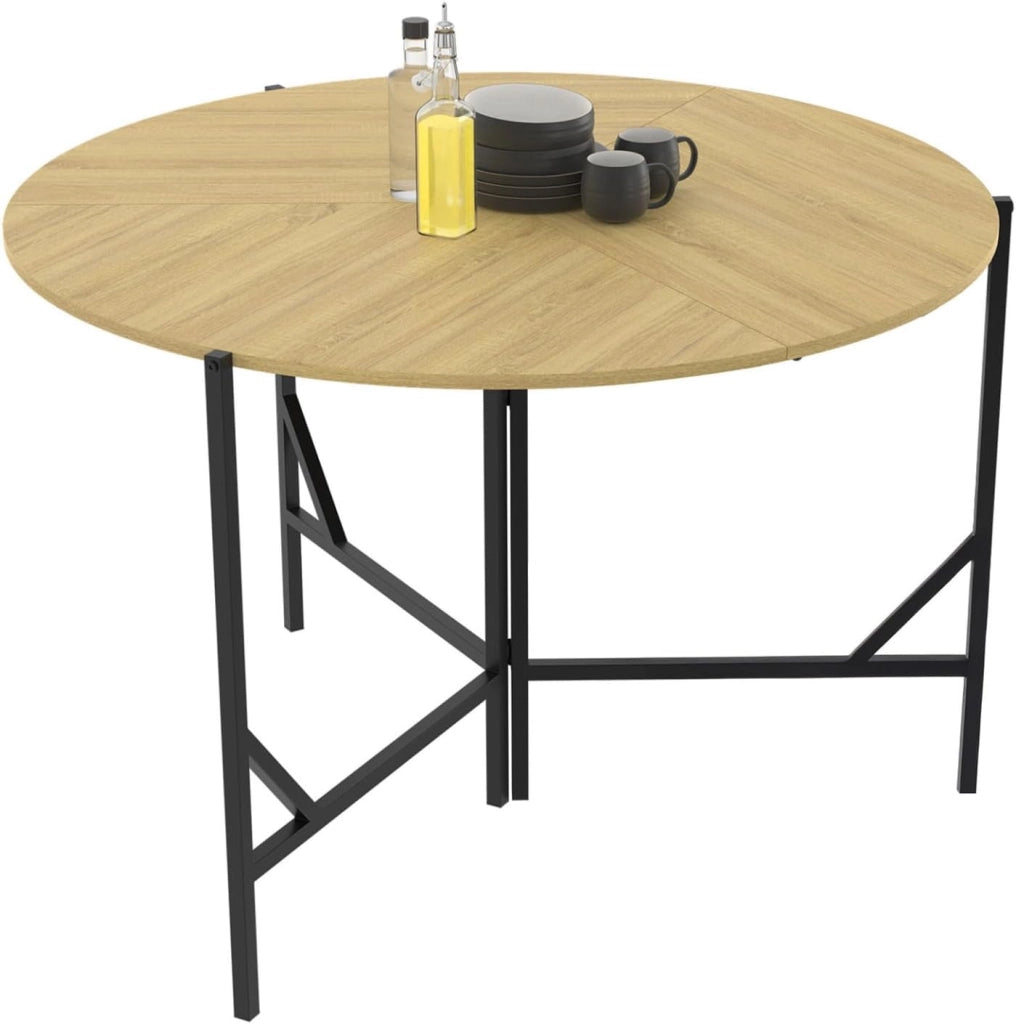 Tavolo da pranzo rotondo pieghevole YAEL per 4 persone, legno e nero, design industriale, 110 cm