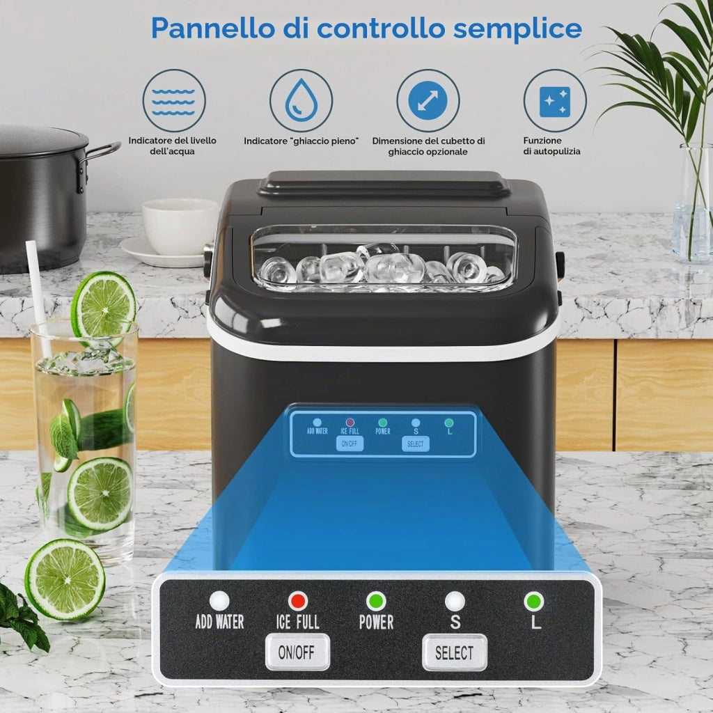 Macchina Ghiaccio, 12 kg/24h, 9 Cubetti di Ghiaccio in 6 Minuti, 2 Dimensioni di Ghiaccio, Silenzioso, Macchina del Ghiaccio Casa Autopulente con Maniglia/Cestello/Paletta, per Cucina/Ufficio/Bar